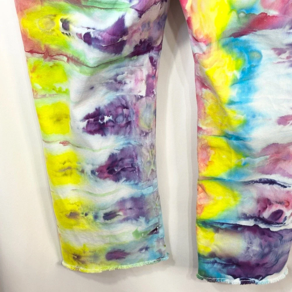 Crown & Ivy Sz 16 Capri Jeans‎ Handmade Tie Dye Denim Yellow Purple Raw Hem 1478